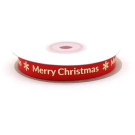 Merry Christmas - Red Ribbon and Gold Writing - Gros-grain Ribbon (13mm)