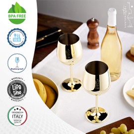 Copas de Vino de Acero Inoxidable con Tallo – Copas Irrompibles de 530 ml Para Fiestas al Aire Libre en la Piscina, Aniversarios, Brindis de Bodas - Elegante Vajilla Dorada para Champán (Juego de 2)
