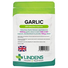 Lindens Garlic Odourless Capsules - 1000mg (700mcg Allicin) - 200 Capsules for 200 Days’ Supply - UK Manufacturer, Letterbox Friendly