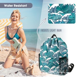 time2go - Mochila deportiva con cordón y bolsillos de malla, resistente al agua, para hombres y mujeres, Ondas azules, Casual