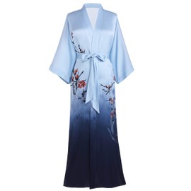 Prodesign Women's Dressing Gown Maxi Long Kimono Loungewear Women's Long Floral Printed Bathrobe Floral Pattern Robe Satin Women's Elegant Sleepwear, darkblue