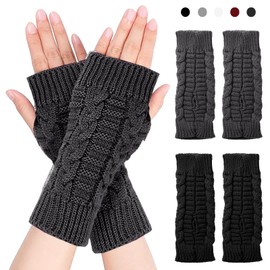 LUKIUP 2 Pairs Fashion Fingerless Gloves for Women, Winter Knitted Gloves, Warm Short Half Hand Warmers, Fingerless Gloves Knitted Mittens, Unisex, Black and dark grey