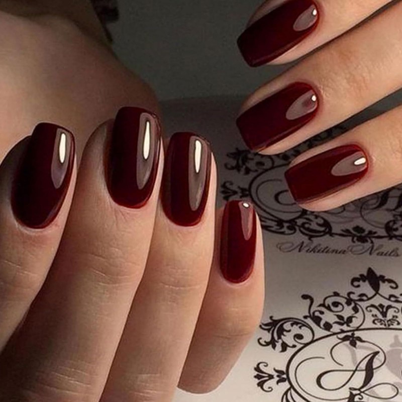 LunarCharm 24 Pieces Dark Red Press-on Nails Medium Square Shape