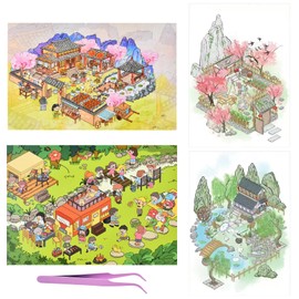 4 Sets Vintage 3D Sticker Scene 3D House Stickers with Tweezers Vintage Mountain Courtyard Natural Scenes Make Your Own House Miniature Scene Stickers