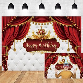 OERJU Royal Prince Birthday Backdrop Royal Red and Gold Happy Birthday Backdrop Little Baby Prince King Crown Curtain Photography Background Boy Kids 1st Bday Party Decorations Supplies 5x4ft
