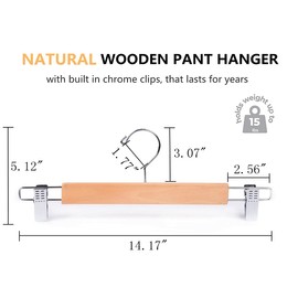 Amber Home 24 Pack 14.17" Solid Natural Wooden Pant Skirt Hangers, Bottom Hangers for Slacks Trousers Jeans with 2-Adjustable Anti-Rust Clips (Natural, 24 Pack)