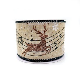 Designer’s Shop Christmas Musical Glitter Reindeer on Burlap Wired Edge Ribbon WR 63-5173 2.5” x 10 Yard for DIY Crafting, Home Décor