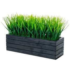 MyGift 14 Inch Artificial Green Grass Plant in Vintage Black Wood Planter Window Box, Faux Greenery in Decorative Rectangular Crate Style Wooden Container