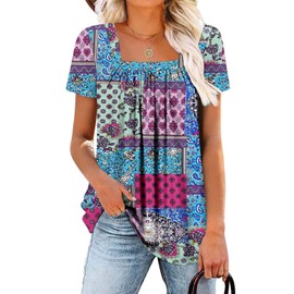 ROSELINLIN Womens Tunic Tops Short Sleeve Shirts Loose Fit Square Neck Summer Tops BlueBlocks XL