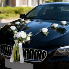 CusDusk Guirnalda de decoración de boda para auto, ramo de flores artificiales con cintas, decoración de flores para el frente del vehículo recién casado, 6 flores blancas y nudo frontal para