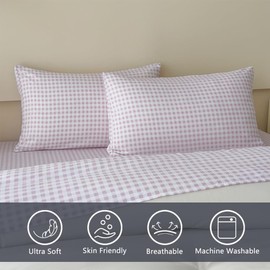 NSNLGSGC Pink Gingham Queen Sheet Set, Soft Brushed Microfiber Plaid Queen Bed Sheets, 4-Pieces Grid Sheet Set with Deep Pocket