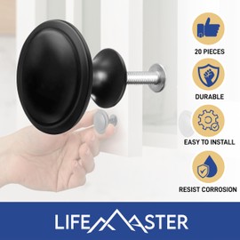 Lifemaster 6pcs 1-1/4" Kitchen Cabinet Knobs, Rust-Proof Matte Black Finish, Modern Design, Strong Zinc Alloy, Easy Installation