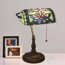 AIBOTY Tiffany Style Bankers Table Lamp Stained Glass Piano Desk Lamp Vintage Bedroom Bedside Lamp for Study,Antique Alloy Base,Zipper Switch,Green Baroque b