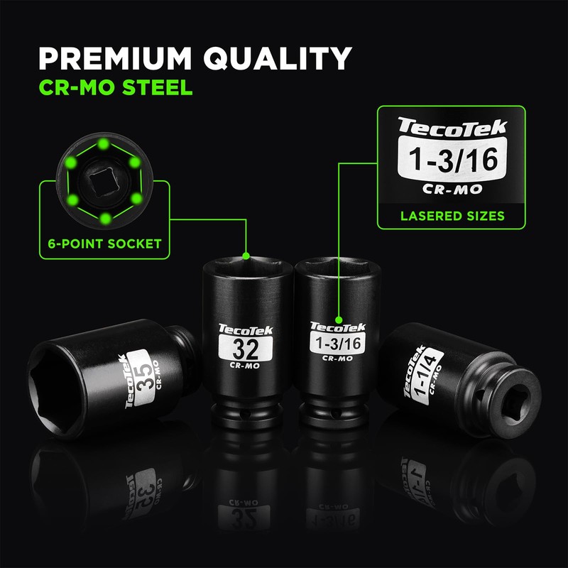 TecoTek 1/2" Drive Deep 6-Point Impact Socket Set, 21-Piece Spindle