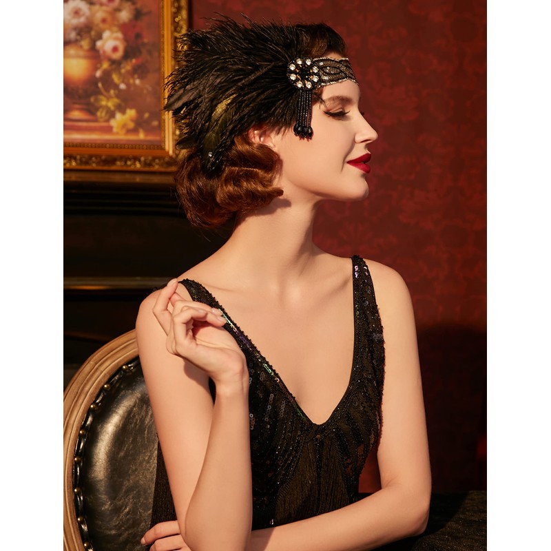 BABEYOND 1920s Vintage Headband Roaring 20s Flapper Headpiece with Feather
