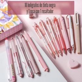 Four Candies Serie Rosa Bolígrafos de Gel, Bonitos Bolígrafos de Escritura con Tinta Negra y Rosa, 0.5 mm Punta Fina y Suave, Suministros Escolares y 