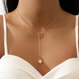 Aneneiceera Simple Rhinestone Star Pendant Y Necklace Gold CZ Eight-pointed Star Pendant Necklace Link Chic Chain Boho Necklace Jewelry Party Nightclub Gifts Wedding Jewelry for Women