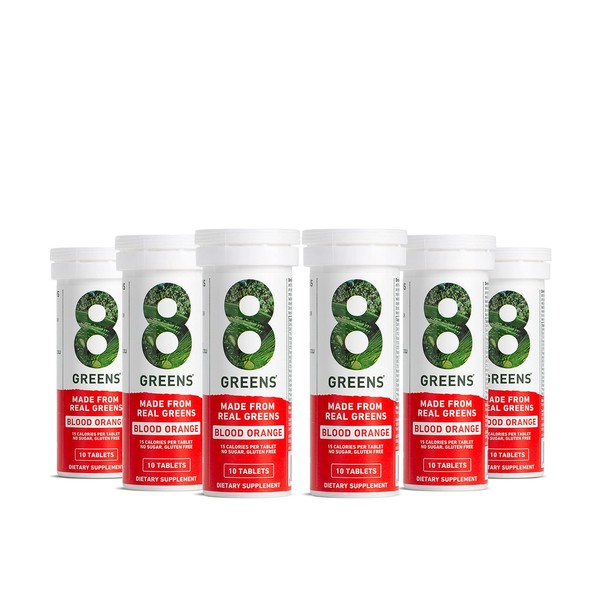 8Greens Blood Orange Effervescent Tablets - Daily Superfood, Greens Powder, Super Greens, Vitamins, Vegan, Gluten Free, Non-GMO for Immune Support, Energy & Gut Support (Pack of 6 Tubes, 60 Tablets)