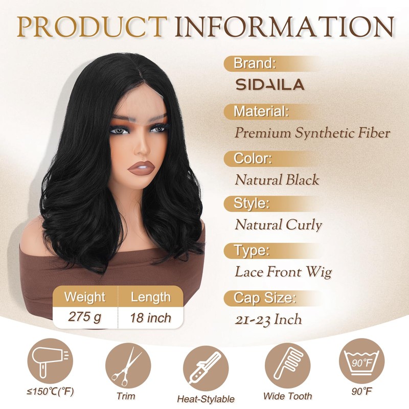 Sidaila 14 Inch Middle Part Wavy Wig for Women, Black