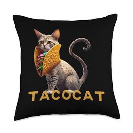 I love taco and cat Funny Mexico Food Designs Spelled Backwards is Tacocat Funny Palindrome Kids Throw Pillow, 18x18, Multicolor