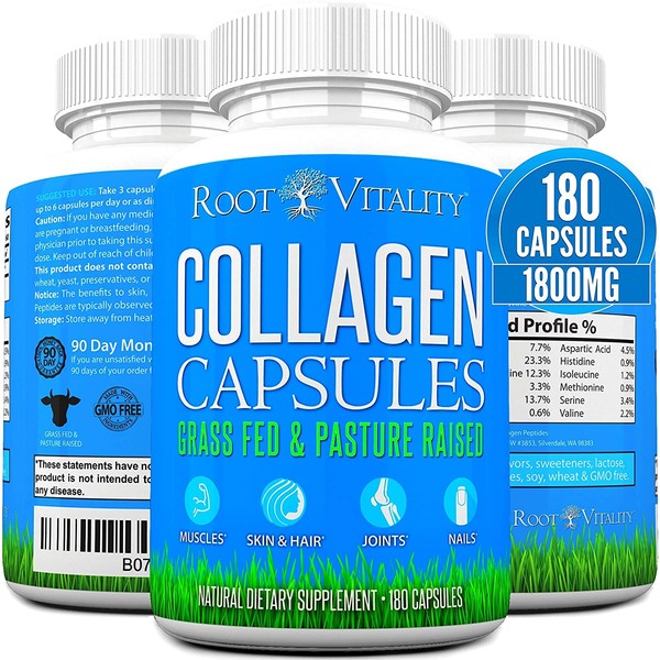 Root Vitality Collagen Capsules - Collagen Pills, 180 Count, for Skin, Hair, Nails & Joints, Collagen Supplements for Women & Men, Grass Fed, Non-GMO, Collagen Peptides Pills