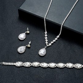 CASSIECA Silver Bridal Jewelry Set Rhinestone Necklace Bracelet Dangle Earrings for Bride Bridesmaid Teardrop Pendant Crystal Wedding Prom Jewelry Accessories for Women