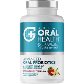 Great Oral Health Oral Probiotics for Mouth Bad Breath Treatment for Adults; Dentist Formulated Dental Probiotics for Teeth and Gums, Chronic Halitosis with BLIS K12 M18, Chewable Oral Health Tablets Strawberry Vanilla