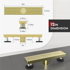 WEBANG 36 Inch Shower Linear Gold Drain Rectangular Floor Drain with Accessories Square Hole Pattern Cover Grate Removable SUS304 Stainless Steel CUPC Certified Brushed Gold Brass