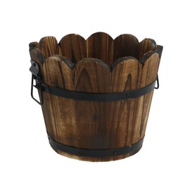 MY MIRONEY Wooden Barrel Planter Vintage Style Wood Bucket Rustic Garden Flower Plant Pots Container with Metal Handles, Wave Mouth, 7.28" x 5.91"