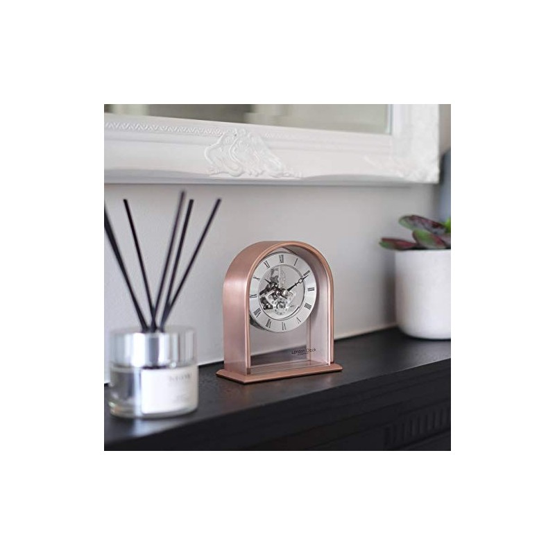 London Clock Arch Top Skeleton Mantel Clock, Rose Gold Case