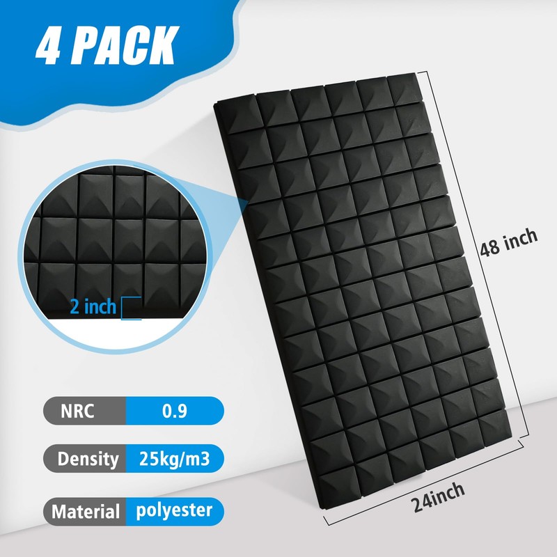 Acoustic Foam Panels 4 Pack 48"x24"x2" - High Density Soundproof