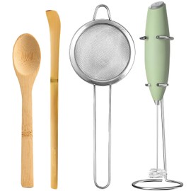 MONOJOY Electric Matcha Whisk Set: 4 PCS Matcha Making Kit Electric Frother, Traditional Tea Scoop Chashaku, Tea Spoon, Powder Starter Sifter Durable Matcha Making Kit for Ceremony Gift
