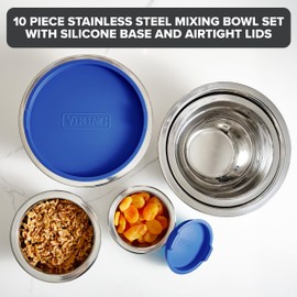 Viking Mixing Bowls Set, 10 Piece Stainless Steel Kitchen Cookware, Non-Slip Silicone Base, Includes Tight Fit Lids, Dishwasher Safe, Blue