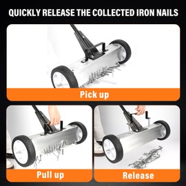 E BAVITE Nail Magnetic Sweeper,24 InchesHeavy Duty Telescopic Magnet Broom Large Rolling Nail Finder Magnet Tools with Wheels Cleanup and Long Adjustable Handle for Construction Yard
