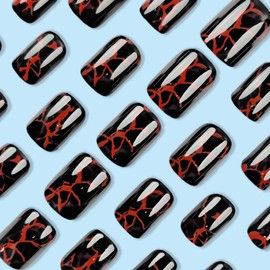 Red Curve Line Press on Nails 24Pcs Marble Acrylic Fake Nails Volcanic Rock Stick on Nails Glossy Red Crack Short Square False Nails Turtle Pattern Gel Glue on Nails for Coquette Women Girls