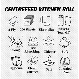 Pack of 20 - Centrefeed Kitchen Rolls - 40 GSM White Hand Kitchen Towels 2 Ply Embossed Wiping Tissue Paper Rolls Strong Absorbent Towels Cleaning Wipe Commercial Home Use (200 Sheets Roll)