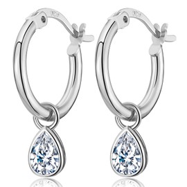 CERSLIMO Hoop Earrings 925 Silver 12 mm with Small Teardrop Zirconia Pendant 6 mm