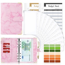 Taope Budget Planner, 6-Ring A6 Budget Binder, Money Organiser, with Soft PVC Pockets, Leather Notebook, Cash Envelopes, Household Expense Book with Money Compartments, Marble Red