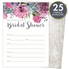 Koko Paper Co Bridal Shower Invitations Set of 25 Cards and Envelopes, Fill-in Style Vintage Rustic Design with Pink, Grey, Blue and Purple Watercolor Florals. Printed on Heavy 140lb Card Stock.