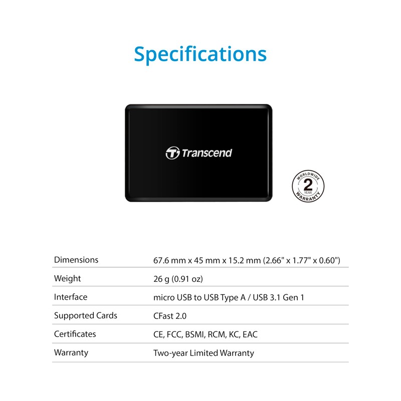 Transcend USB 3.1 Gen 1 Cfast 2.0 Card Reader