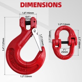 NORJIN 3/8" Clevis Slip Hook with Latch & Chain Connector Link – G80 Alloy Steel Hammerlock Coupling Tow Hook for Trailers, 6,900 lbs Working Load, Red