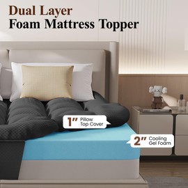 Memory Foam Mattress Topper Queen Size - MINLOVE 3 Inch Dual Layer Pillow Top Mattress Topper, 2 Inch Cooling Gel Memory Foam and 1 Inch Pillow Top Cover for Back Pain, Comfort and Support(Gray)