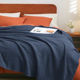 PHF Pre-Washed Cotton Waffle Weave Blanket King Size for Bed,Snag Proof Throw Blanket for Couch Spring Summer Lightweight Breathable,Oeko-TEX Certified,Machine Washable, Home Decor Gift，Dark Navy