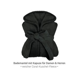 npluseins Extra Soft Hooded Bathrobe Made of Cuddly Fleece, Available in Modern Colours and Various Sizes, Unisex, Calf Length, black