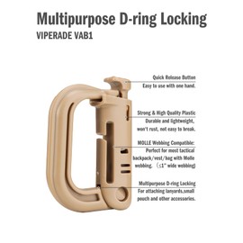 VIPERADE VAB1 10 Pack Multipurpose D-Ring, Grimlock Locking for 1" Molle Webbing,Tactical Locking Carabiner for MOLLE Webbing Attachment Backpacks/Pouch/Bag (Tan)