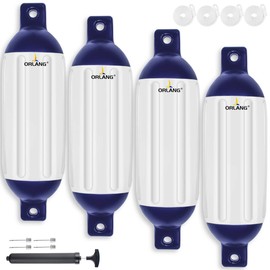 ORLANG 6.5in X 23in Boat Fenders, Boat Bumpers for Docking 4 Pack, Inflatable Ribbed Twin Eyes Vinyl Boat Bumpers Fenders with Air Pump,Ropes,Needles - White/Blue
