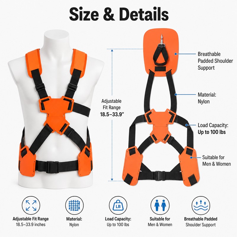 Double Shoulder Trimmer Harness for Yard Work – Adjustable Padded