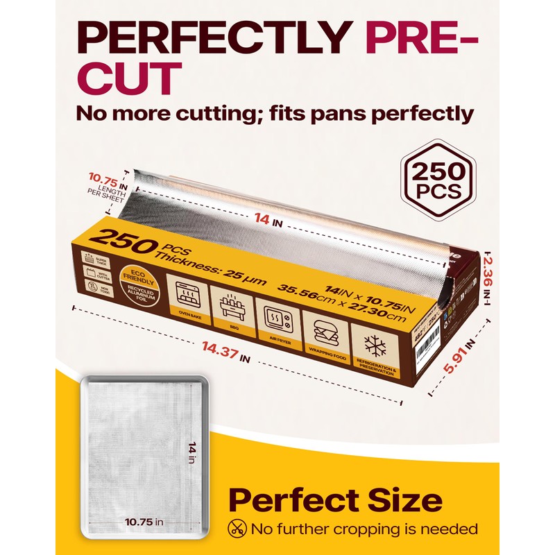 Katbite Pop Up Aluminum Foil Sheets, 250 Count Tin Foil,
