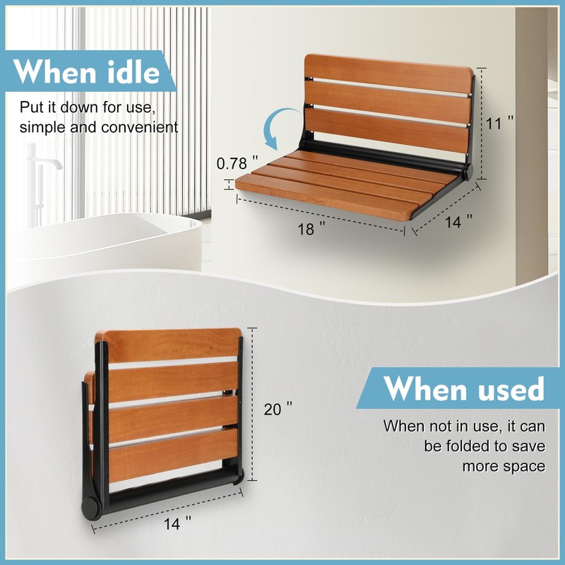 18 inch Premium Folding Teak Shower Seat Wall Mounted -