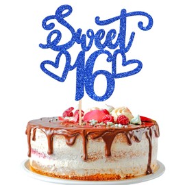 1 decoración para tartas de 16 años, diseño de corazón con purpurina, para cumpleaños de 16 años, para decoración de tartas de 16 años, color azul oscuro